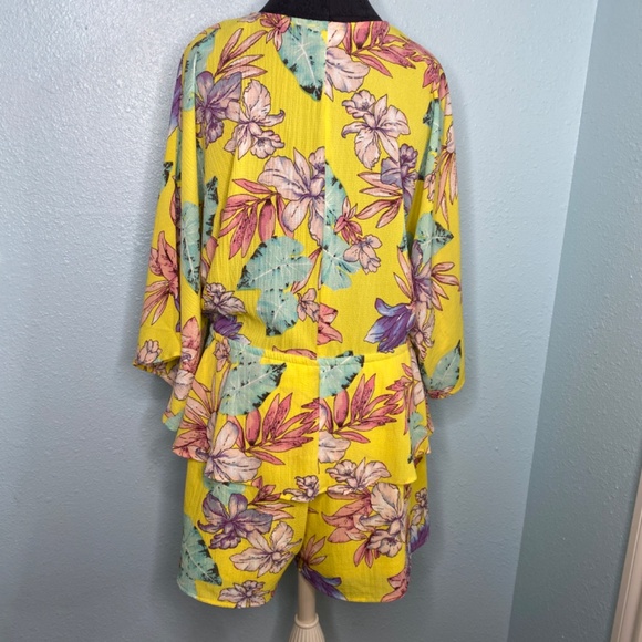 Umgee Yellow Floral Romper with Bell Sleeves and Tie Waist - Picture 3 of 13